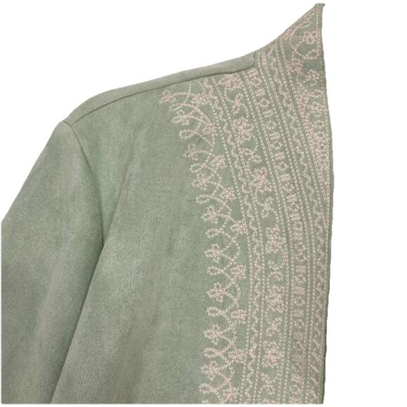 New Solitaire Green Embroidered Boho Faux Suede Open Front Long Coat Small E25 - Picture 2 of 8